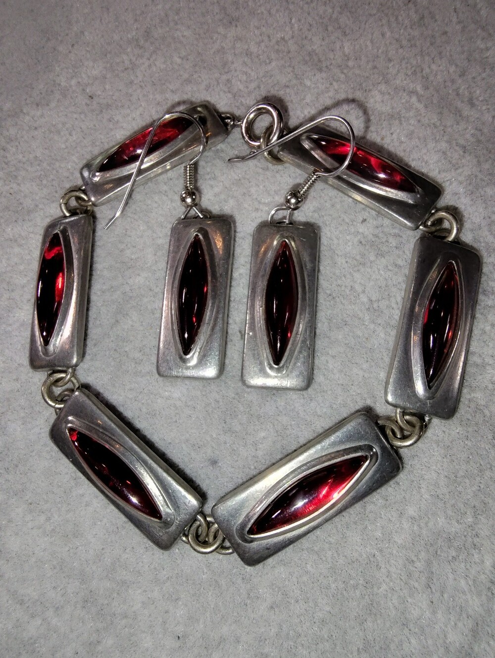 1960s Jorge Jenson Denmark Pewter Red Glass Rectangle Link Bracelet & Earrings